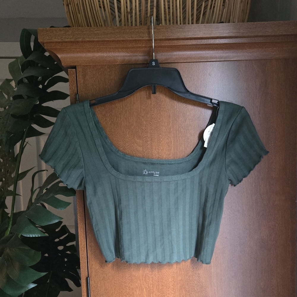 Aerie Green Cap Sleeve Ribbed Crop Top